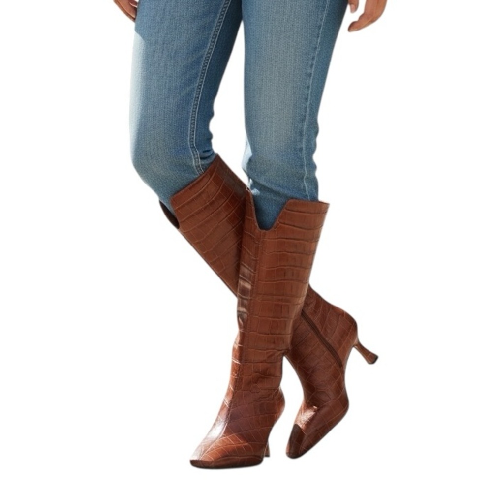 Sam Edelman Brown Croc Embossed Tall Heeled Boots Women’s 8.5 Knee High Chic